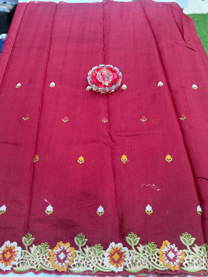 Matka Silk Saree with Embroidered Buttis, Cutwork Big Pallu, and All-Over Cutwork Panel
