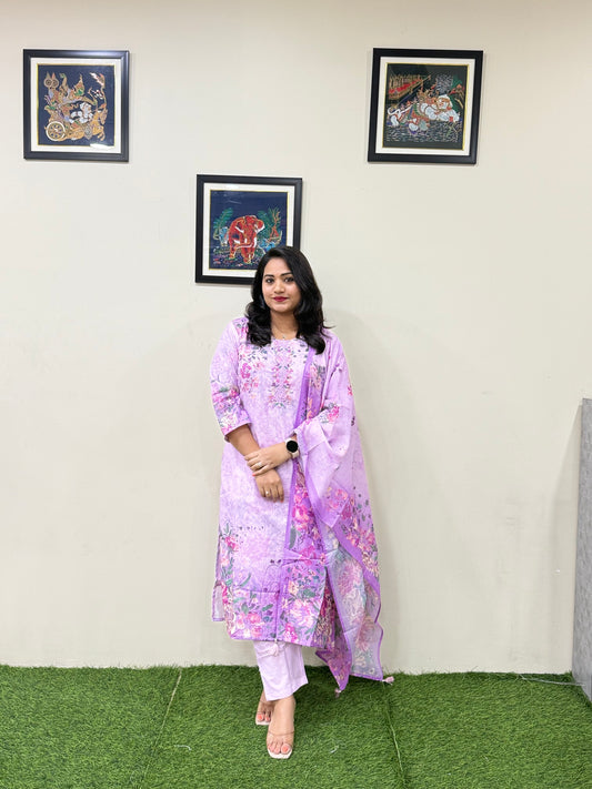 Women’s Linen Schiffli Embroidered Kurta Set with Cotton Pant and Viscose Mal Dupatta – L to 3XL