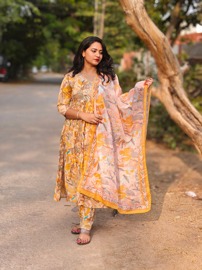 Yellow Cotton Mal Alia Suit with Digital Print, Khatli Work, and Dupatta – Size 2XL