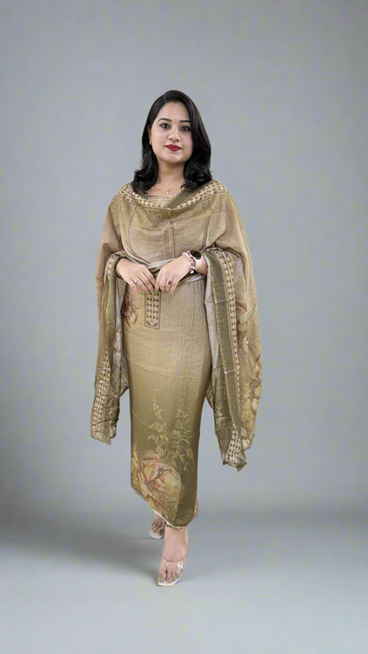 Unstitched Viscose Muslin Shimmer Dress Material with Digital Print, Aari Sequins Mirror Work and Dupatta