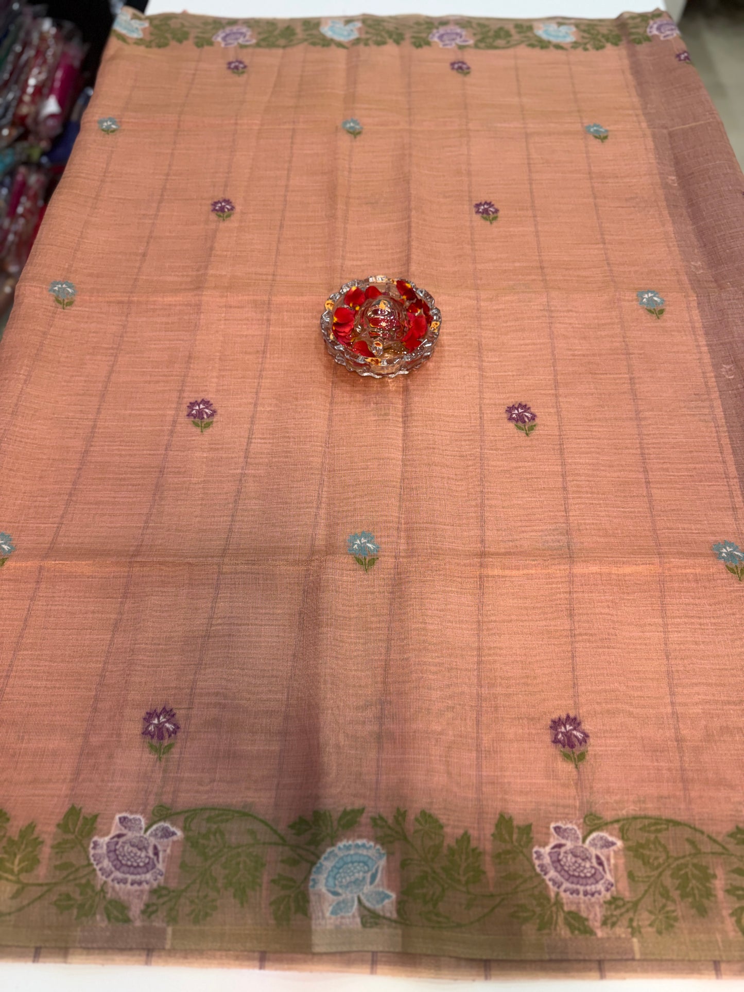 Tissue chanderi saree with floral border and tassel pallu, pastel printed saree for women