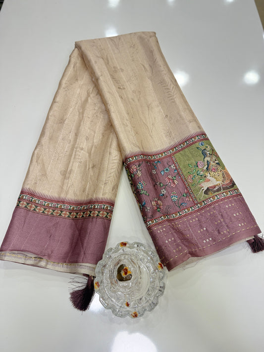 Tussar Fabric Saree with Katha Print Border, Mirror Work and Matching Blouse