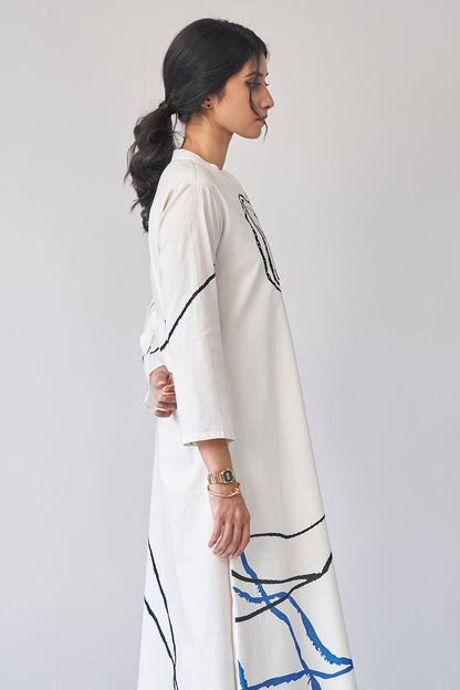 White Linen Cotton Kurti Pant Set for Women with Abstract Blue and Black Print