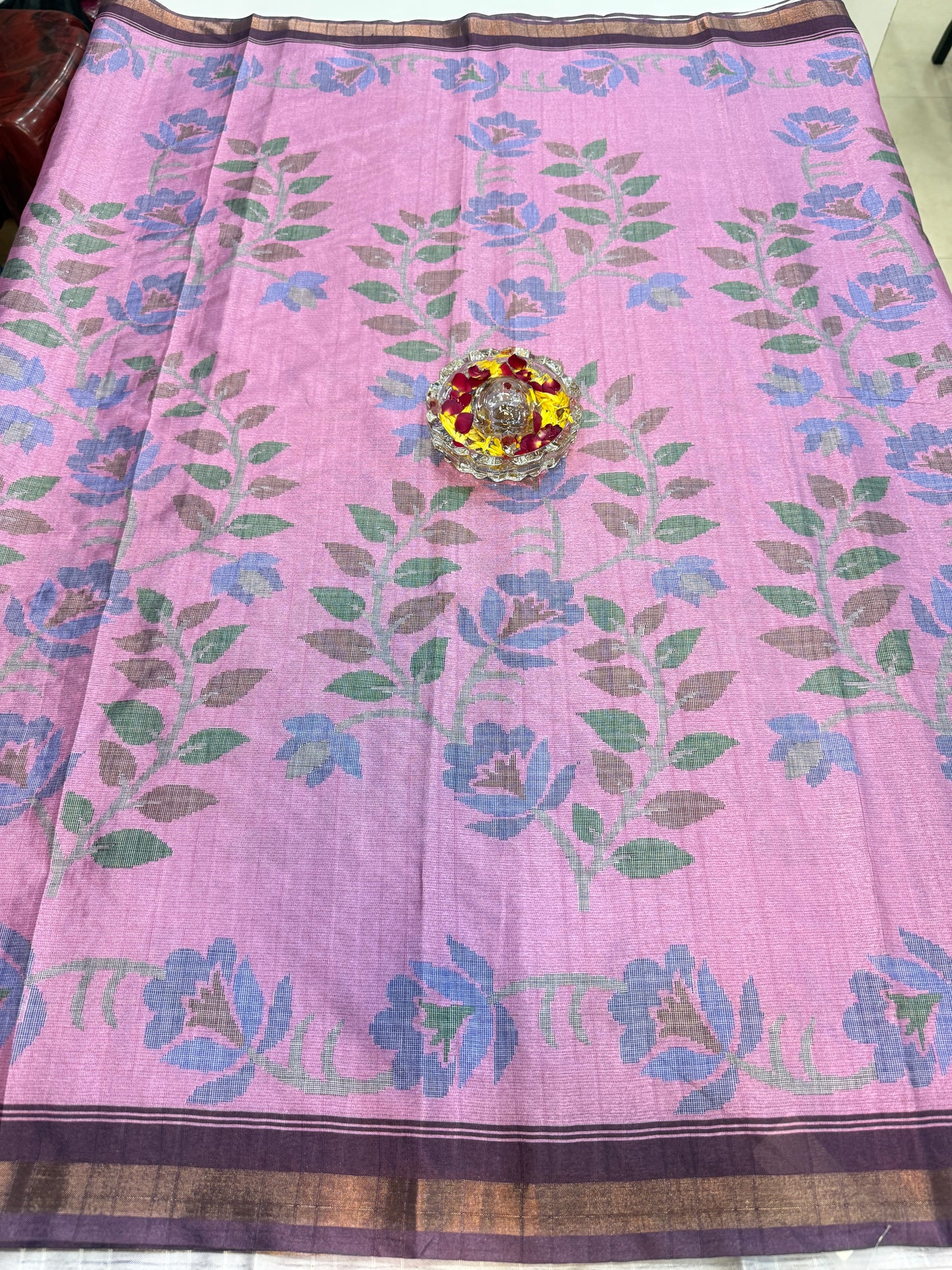Raw tussar silk saree with smart floral design and soft marmo finish, printed border saree