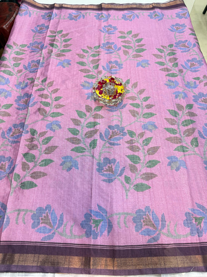 Raw tussar silk saree with smart floral design and soft marmo finish, printed border saree