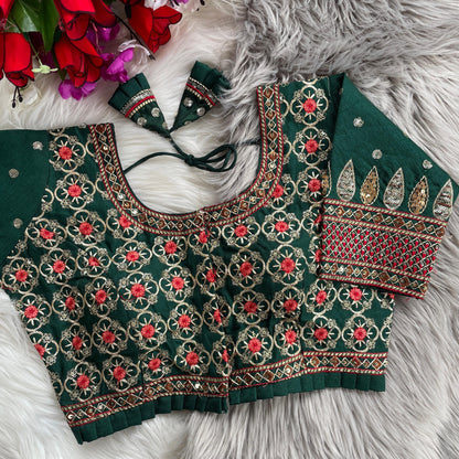 Bridal Blouse in Heavy Pure Soft Cobra Silk with Sequins Embroidery and Latkan Detailing