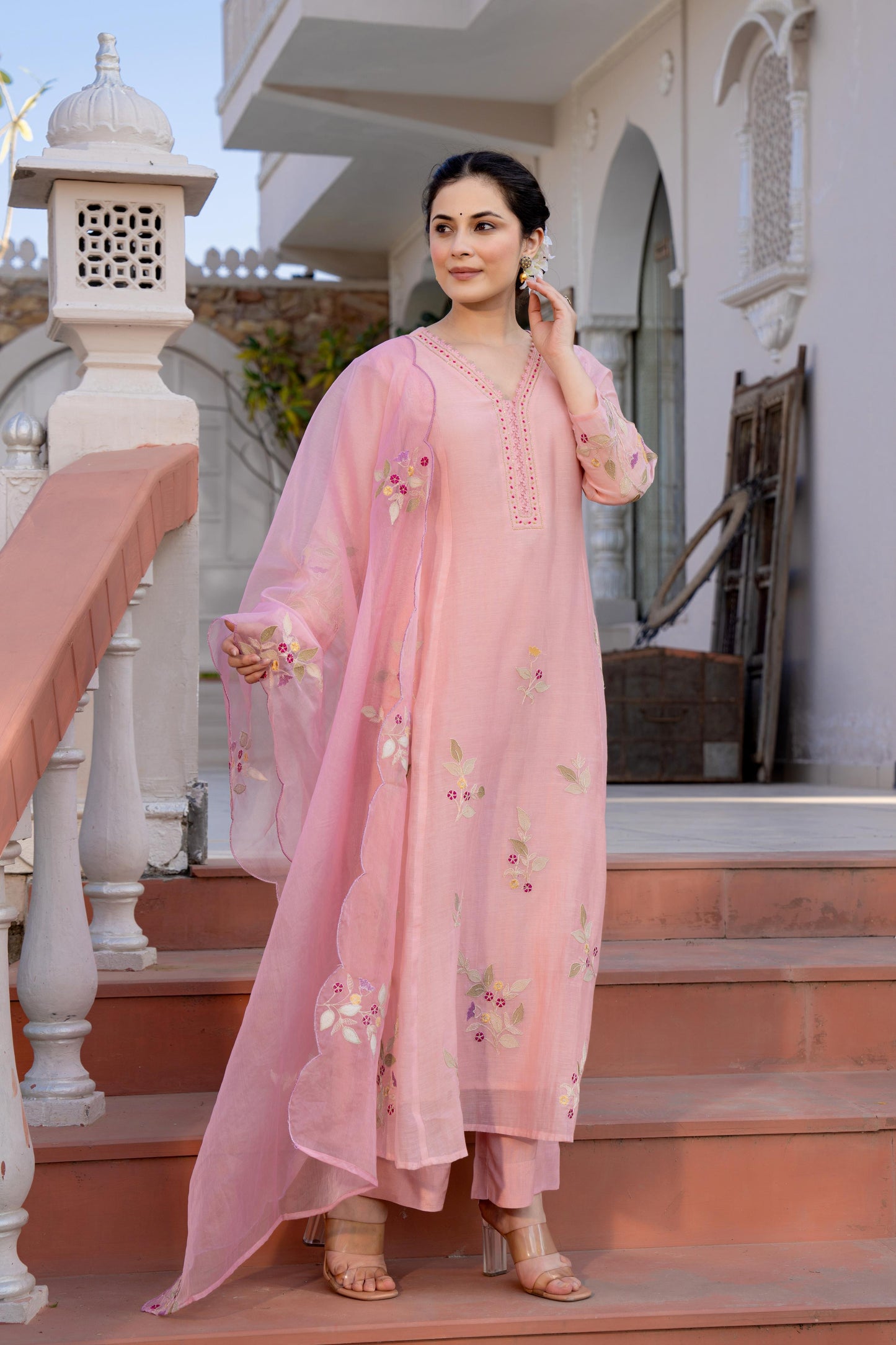 Mal Chanderi Anarkali Kurti Pant Set with Embroidery and Organza Scalloped Dupatta for Women