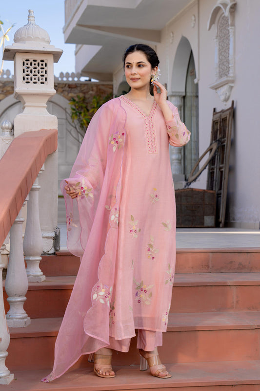 Mal Chanderi Anarkali Kurti Pant Set with Embroidery and Organza Scalloped Dupatta for Women