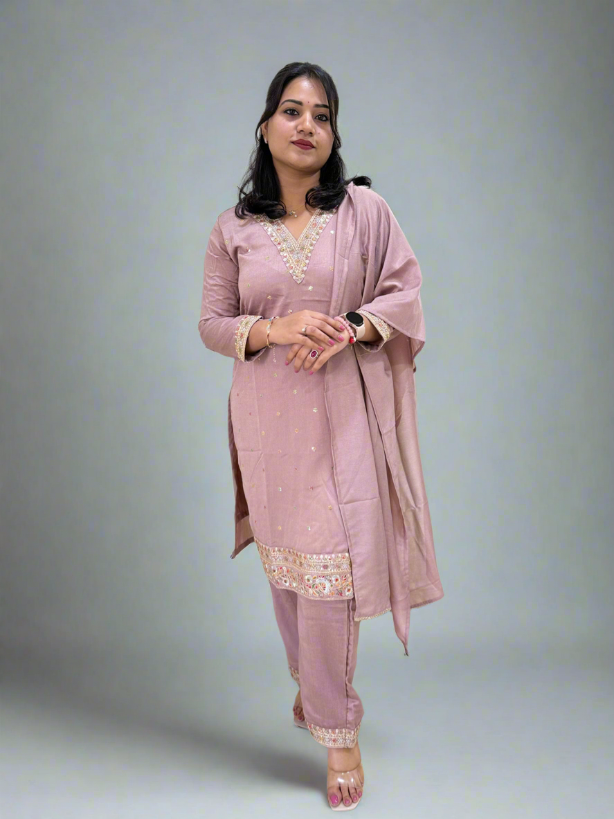 Vichitra Silk Ethnic 3-Piece Set with Embroidered Dupatta – Available in L and XL Sizes