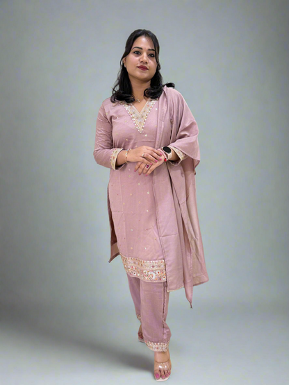 Vichitra Silk Ethnic 3-Piece Set with Embroidered Dupatta – Available in L and XL Sizes