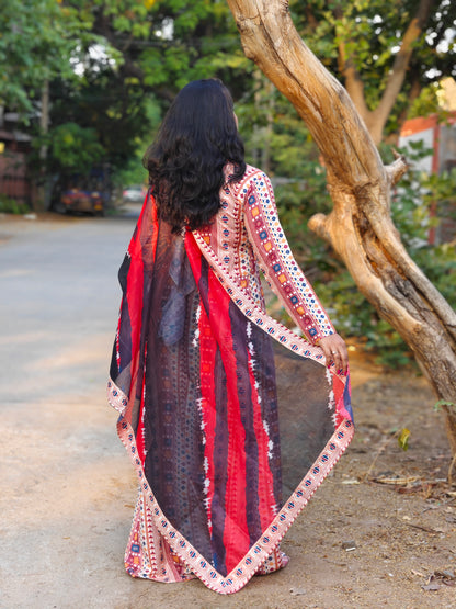Poly Rayon Printed Gown with Gota Lace, Doori & Tassel – Chanderi Multicolour Dupatta – Sizes L to XXL