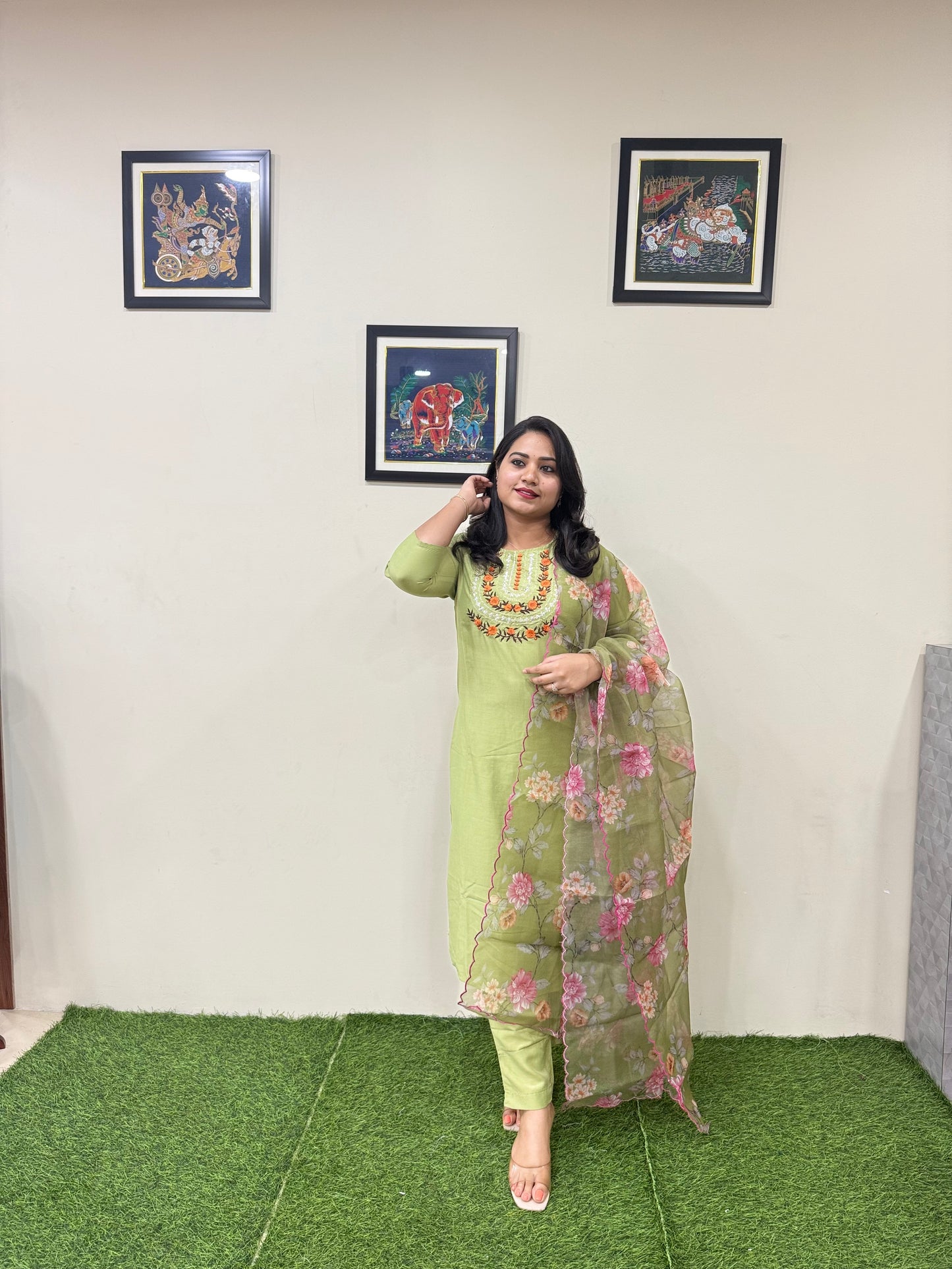 Embroidered Cotton Silk Kurti Pant Dupatta Set for Women with Organza Dupatta – Sizes 36 to 44