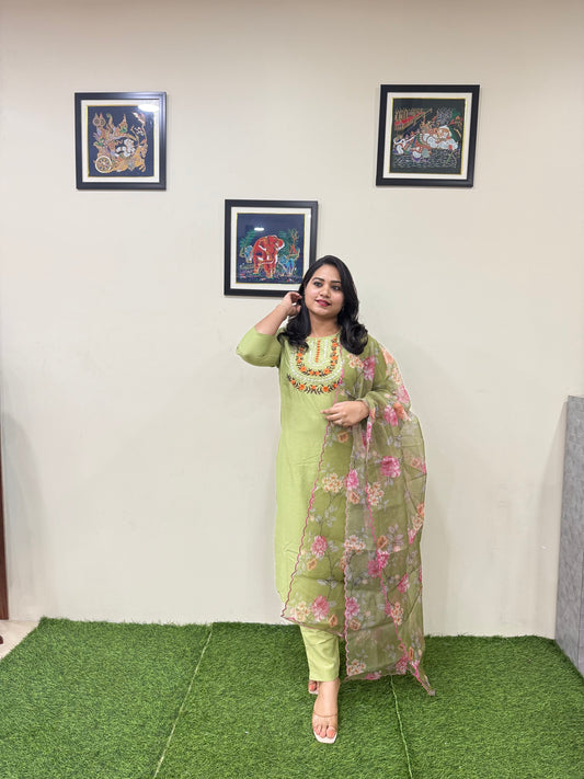 Embroidered Cotton Silk Kurti Pant Dupatta Set for Women with Organza Dupatta – Sizes 36 to 44