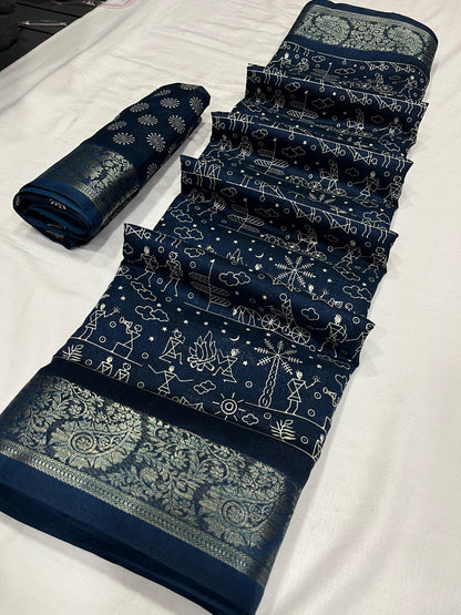 Soft Tussar Silk Slub Digital Print Saree with Golden Zari Weaving Border and Contrast Blouse