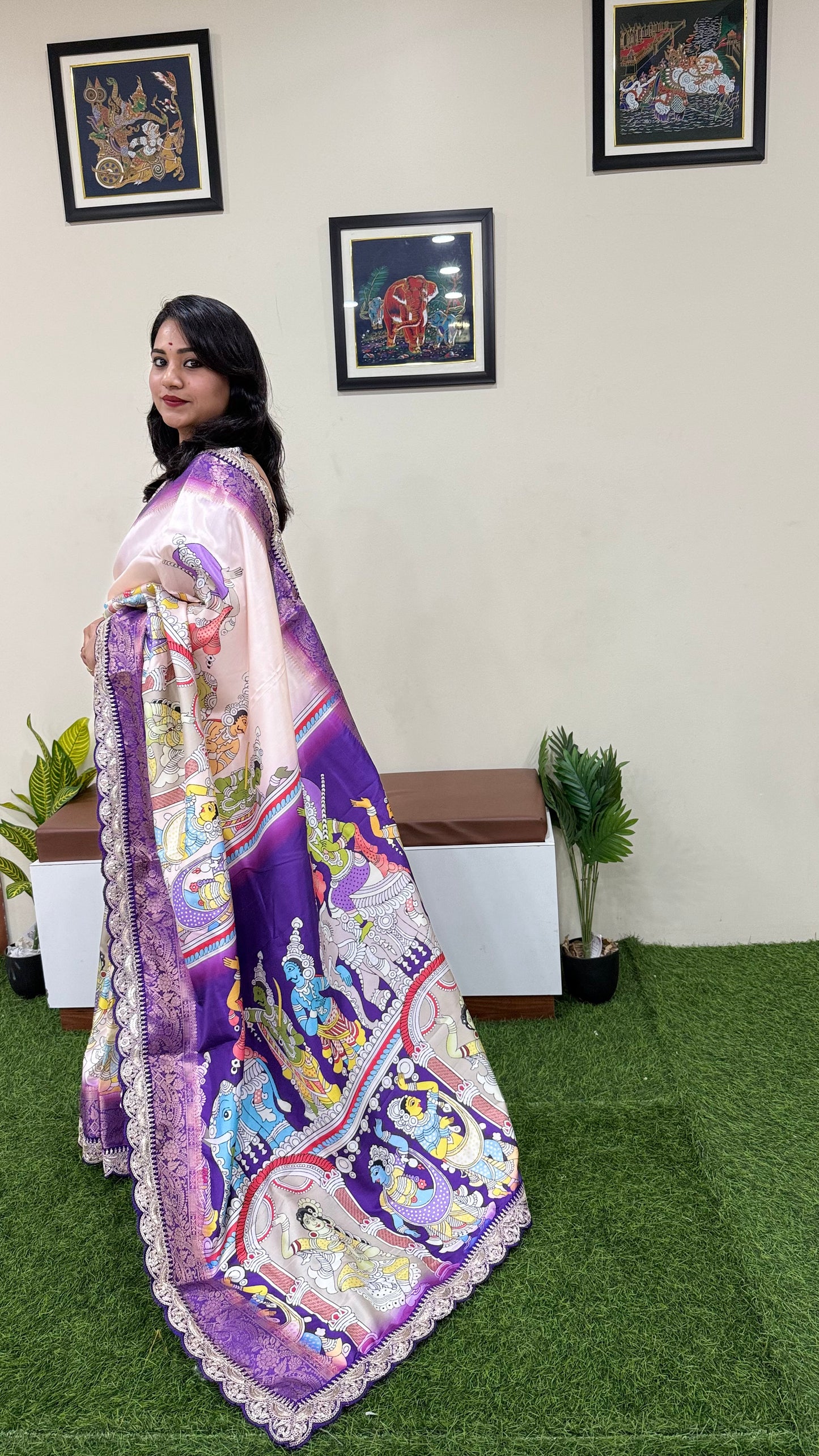 Dola Lichi Soft Silk Saree with Jacquard Jari Weaving, Pichwai Kalamkari Print and Sequins Lace Border