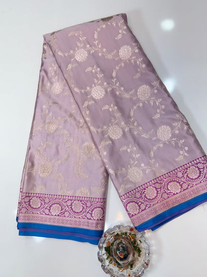 Banarasi Mashru Katan Silk Saree in Silver and Purple with Contrast Blouse Piece – Women’s Festive Wear