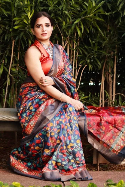 Pure Tussar Munga Silk Saree with Hand-Painted Kalamkari – Silkmark Certified