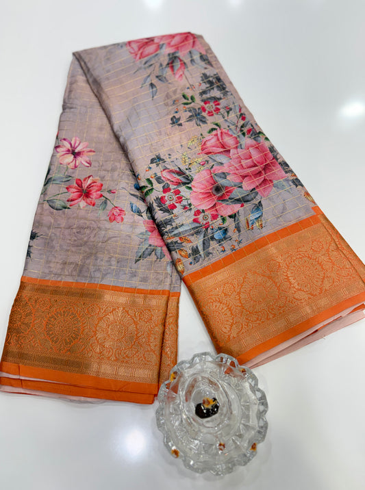 Printed handloom georgette saree for women with woven border and floral design