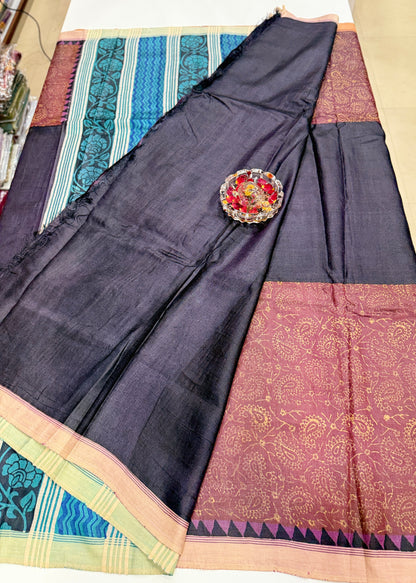 Pure Kosa Tussar Silk Printed Saree with Blouse – Handwoven Chhattisgarh Silk Mark Certified Saree
