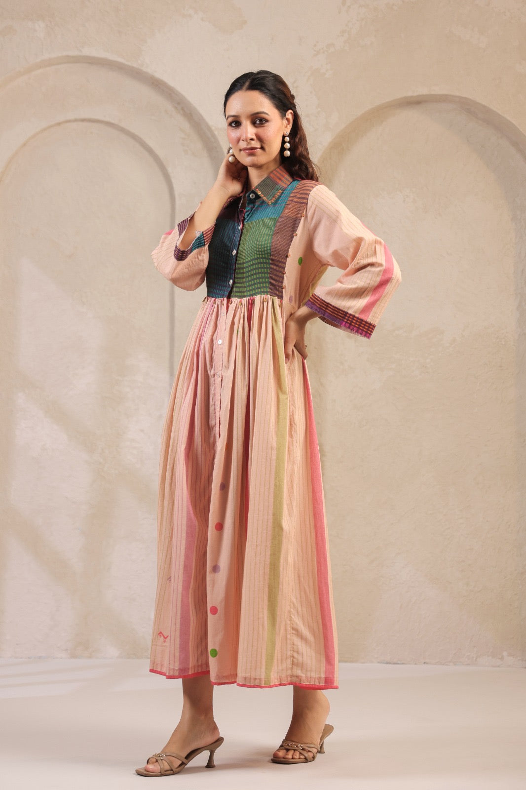 Pastel Panelled Cotton Dress with Checkered Yoke and Hand-Embroidered Motifs – Women’s Full Sleeve Casual Wear