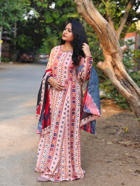 Poly Rayon Printed Gown with Gota Lace, Doori & Tassel – Chanderi Multicolour Dupatta – Sizes L to XXL