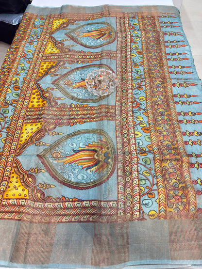 Pure Tussar Munga Silk Saree with Hand-Painted Kalamkari – Silkmark Certified