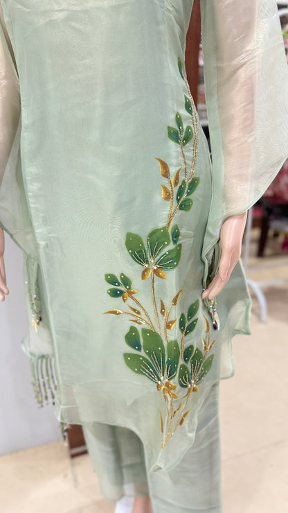 Brush painted shimmer tissue kurta pant set for women, asymmetric kurta with detailing work, sizes 38 to 44