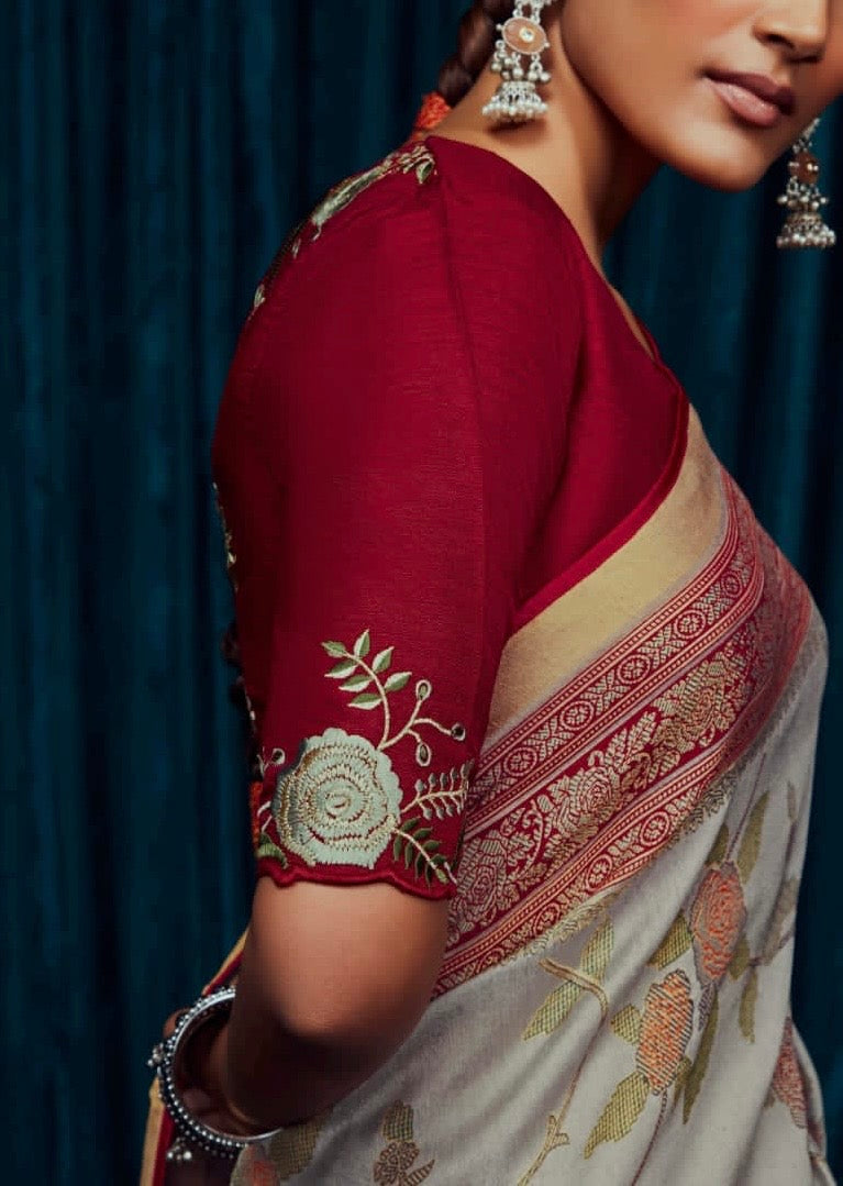 Soft Brasso Printed Saree with Fancy Border, Tassel Pallu and Work Blouse for Women – Party and Festival Wear