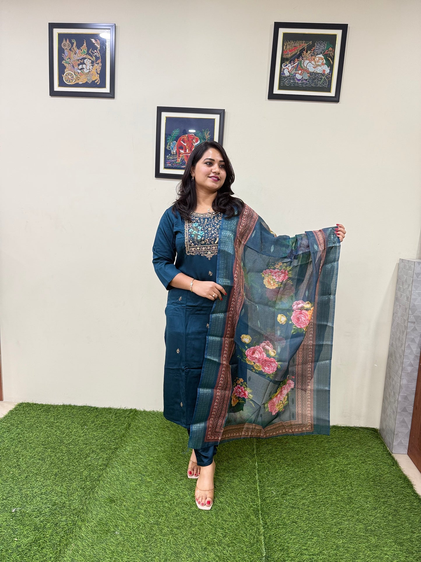 Gajji Silk Straight Suit Set with Embroidery and Organza Zari Dupatta for Women