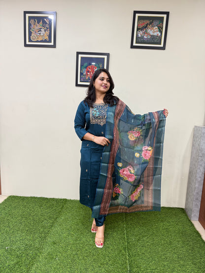 Gajji Silk Straight Suit Set with Embroidery and Organza Zari Dupatta for Women