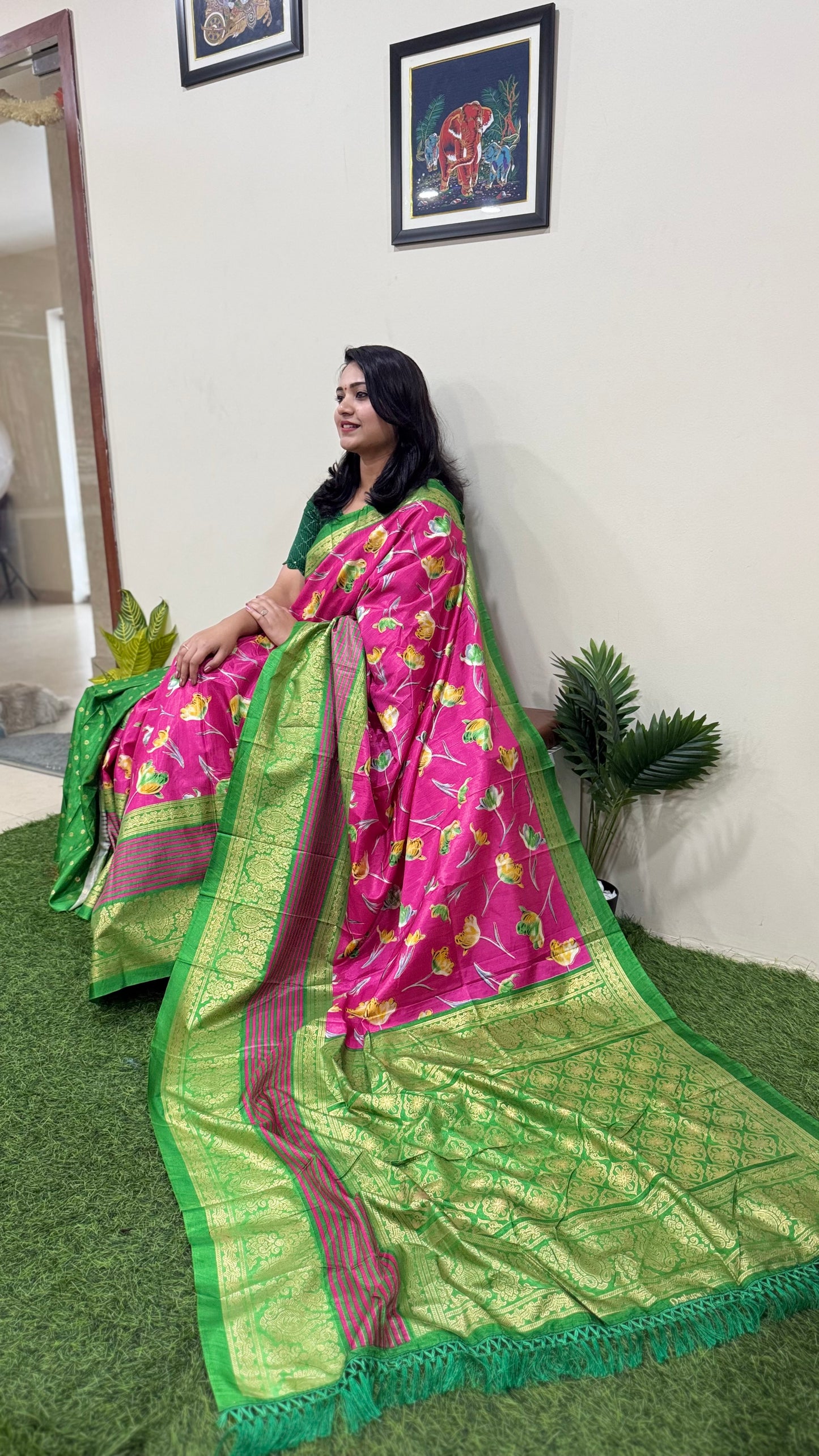 Dola Silk Saree with Kalamkari Patola Digital Print and Gold Zari Foil Border