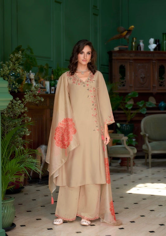 Women’s Roman Silk Angrakhha Kurti Set with Embroidery and Organza Dupatta – XL to XXL