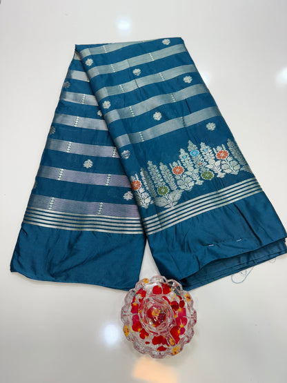 Banarasi Semi Katan Silk Saree with Meenakari Satin Border and Gold Zari Weaving – Traditional Festive Saree for Women