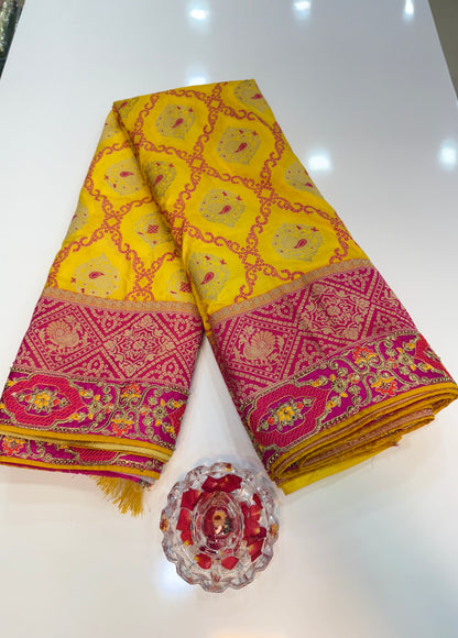 Designer Yellow Silk Saree with Heavy Embroidery Work and Unstitched Blouse for Festive and Wedding Wear