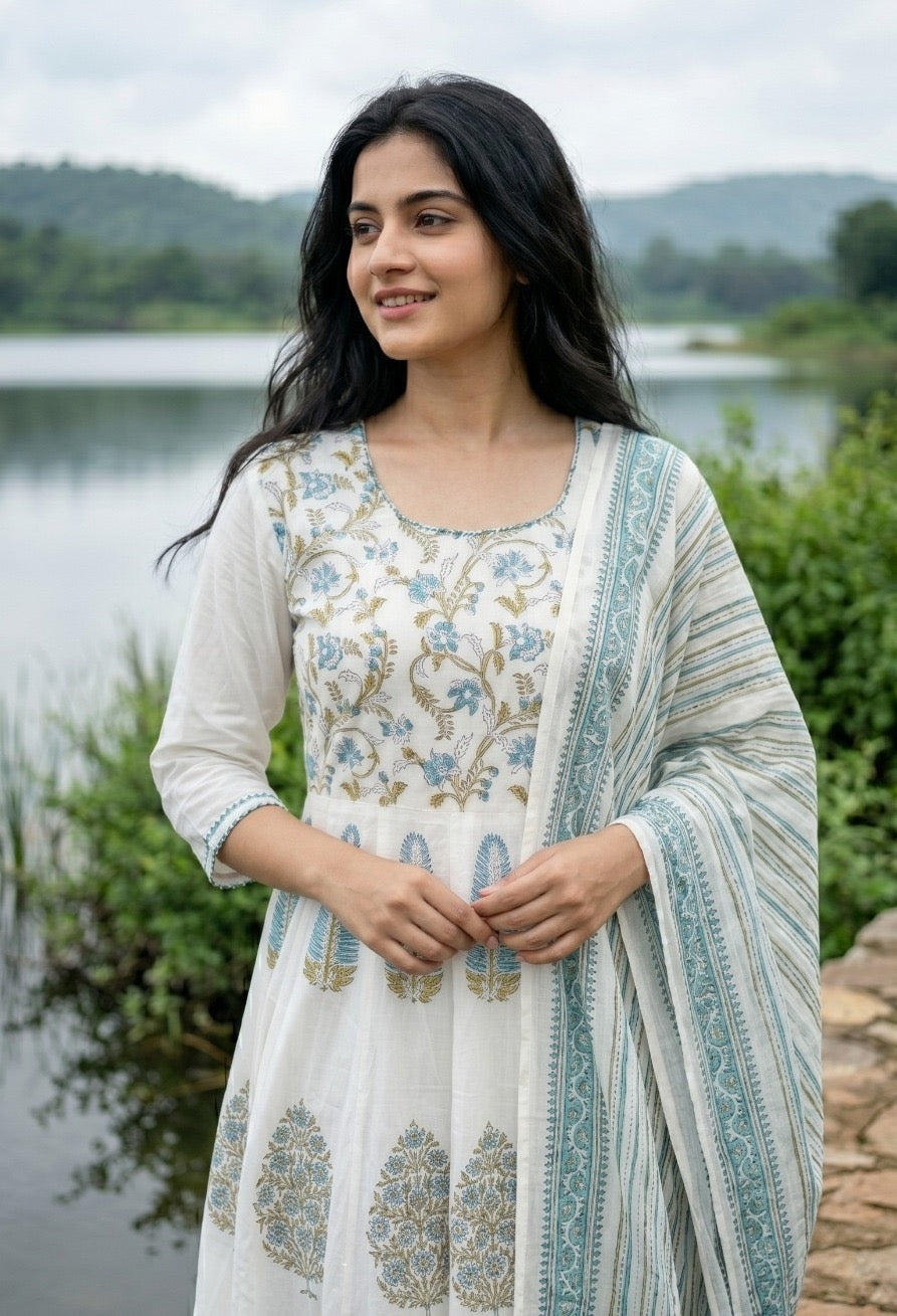 Block Printed Cotton Kurta Pant Dupatta Set for Women with Lining and Kantha Work Ethnic Suit Set