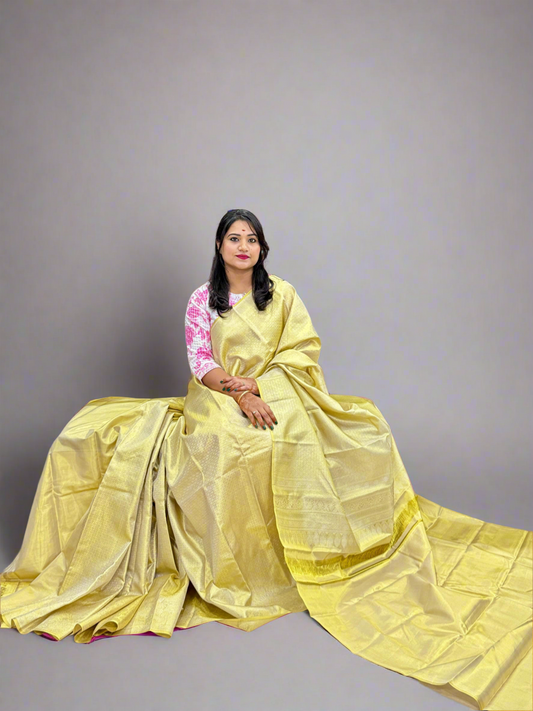 Borderless Pure Silk Handloom Saree in Ivory Gold with Zari Weaving – Festive Collection