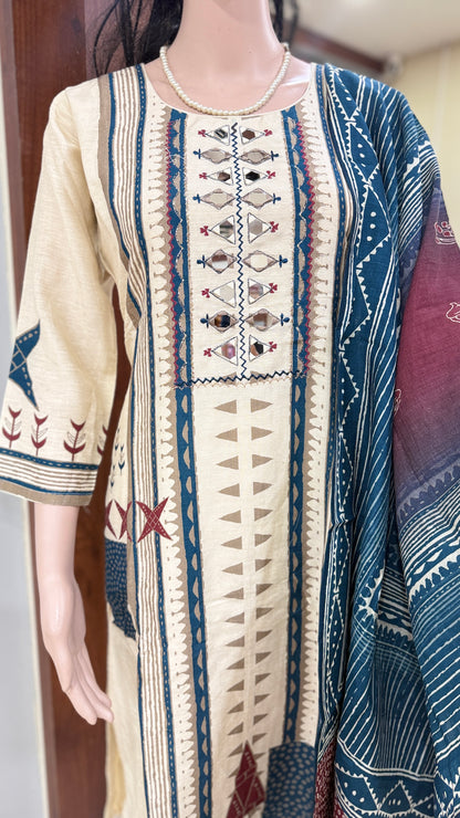 Linen silk kurta pant dupatta set for women with mirror and thread detailing, tribal print ethnic 3 piece set