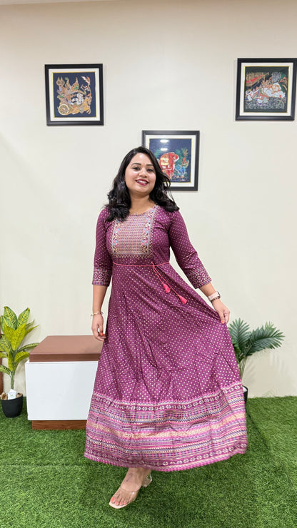 Rayon Foil Print Anarkali Gown with Embroidered Neck and Belt – Liva Tag – Sizes M to 3XL