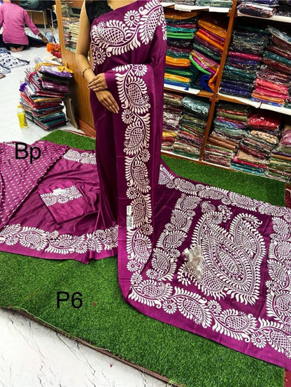 Alpana Print Pure Silk Saree with Printed Blouse Piece