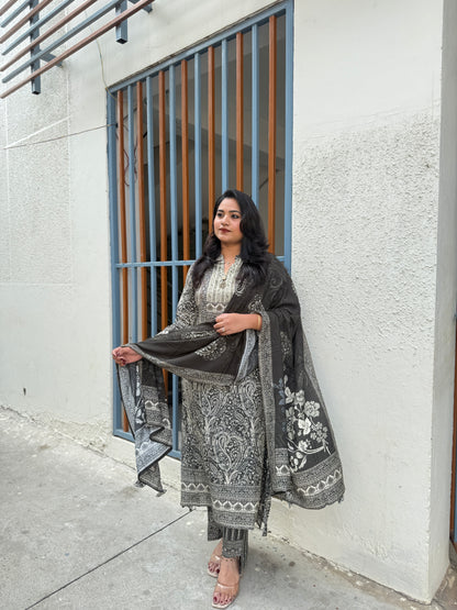 Women’s digital viscose silk kurta set with moti sequence handwork, pant and muslin dupatta, size 38–44