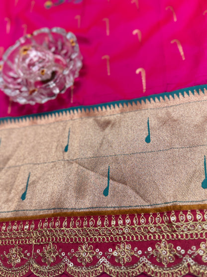 Paithani Lace Border Soft Silk Saree with Contrast Blouse for Women
