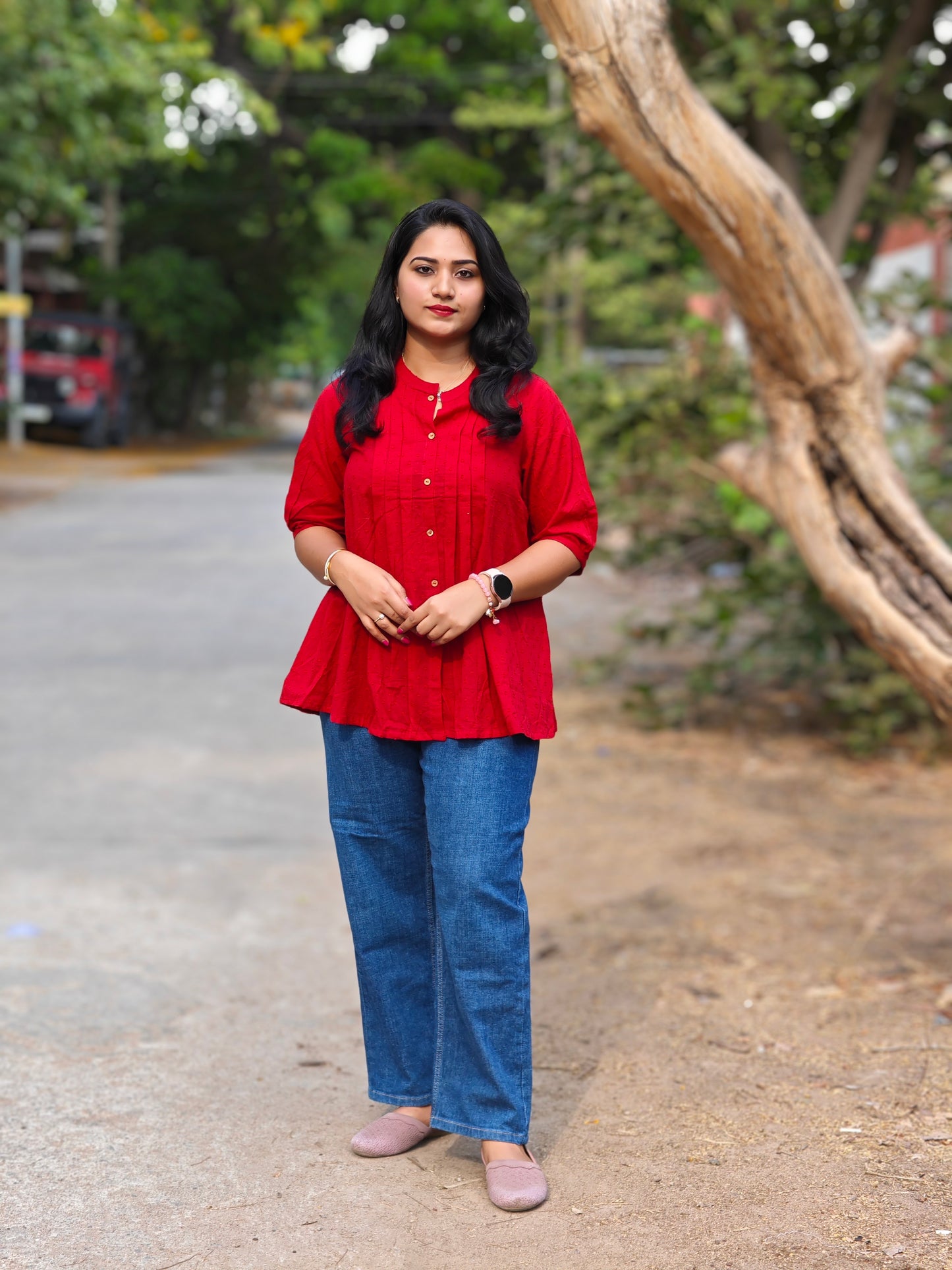 Women’s Red Dobby Cotton Short Top with Button Front – Casual & Office Wear