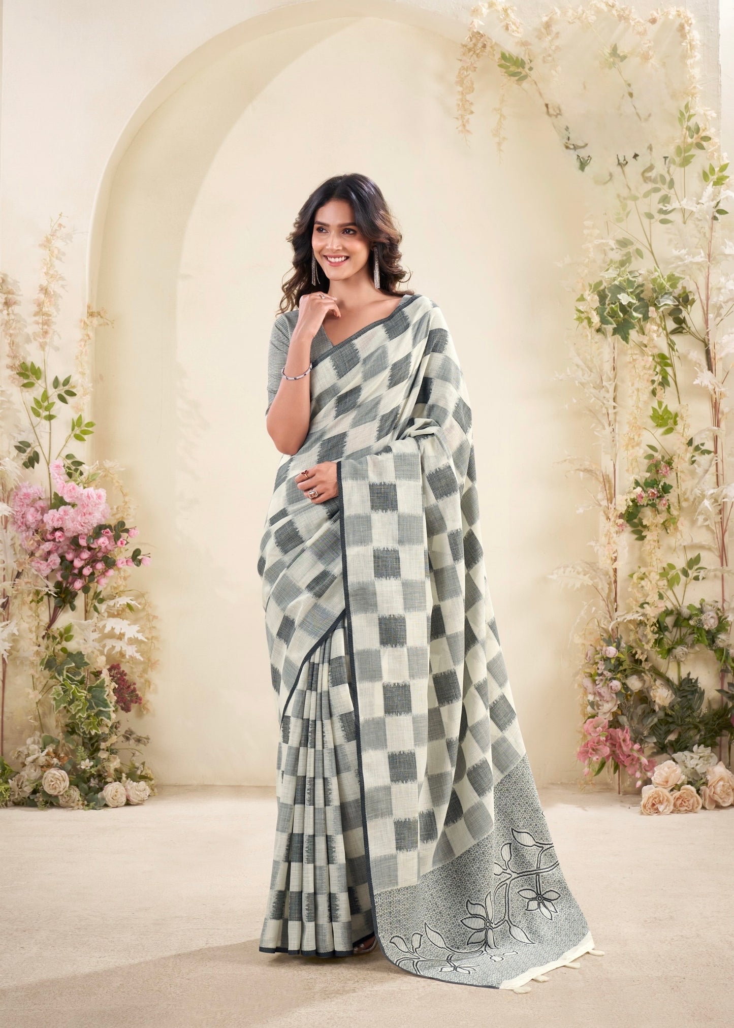 linen silk saree with checked pattern and floral border – lightweight ethnic wear for women