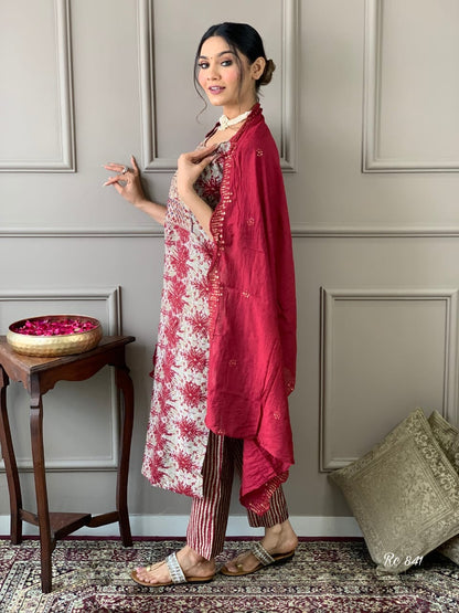 Muslin Embroidered Kurti Pant Set with Chanderi Dupatta for Women – Festive Wear