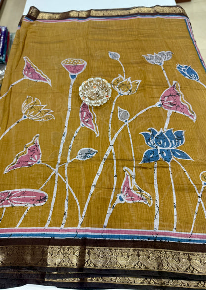 Chennuri silk style printed saree with traditional artwork border and unstitched blouse fabric for women