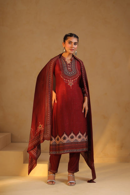 Pure silk suit set for women with cotton lining, embroidered kurta pant dupatta, festive stitched design