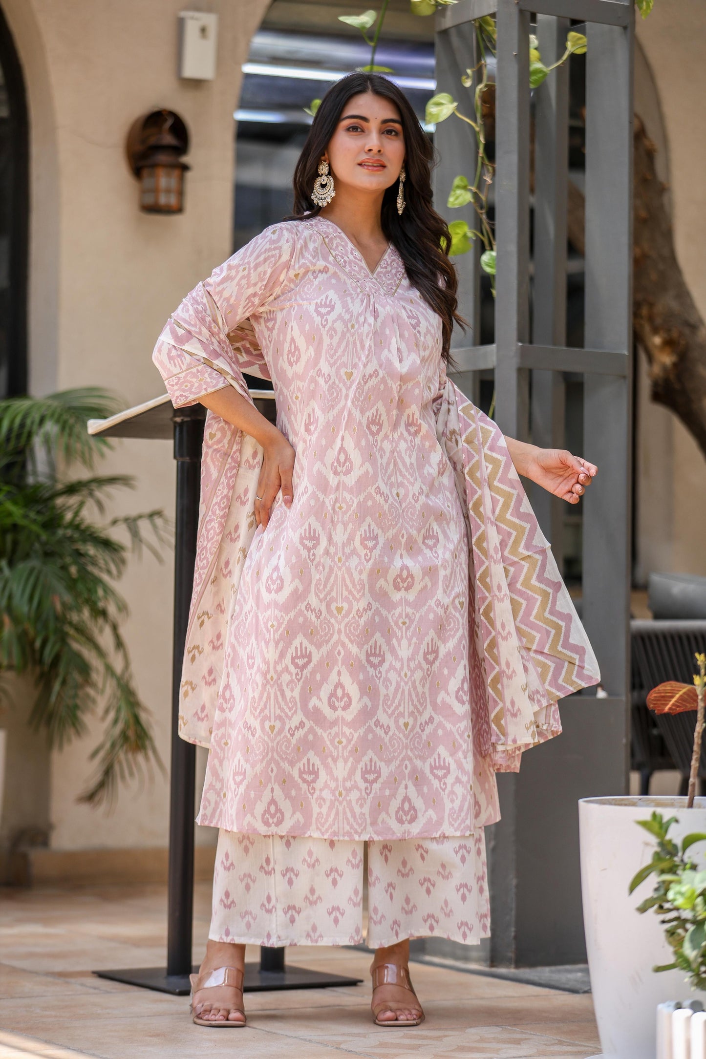 Sleeveless Cotton Kurta Pant Dupatta Set with Kota Doria Dupatta for Women