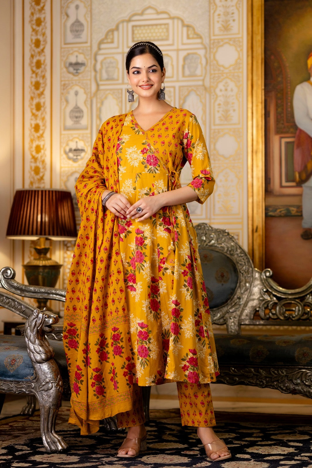 Women’s flared printed cotton kurta pant dupatta set with zari embroidery – festive ethnic wear