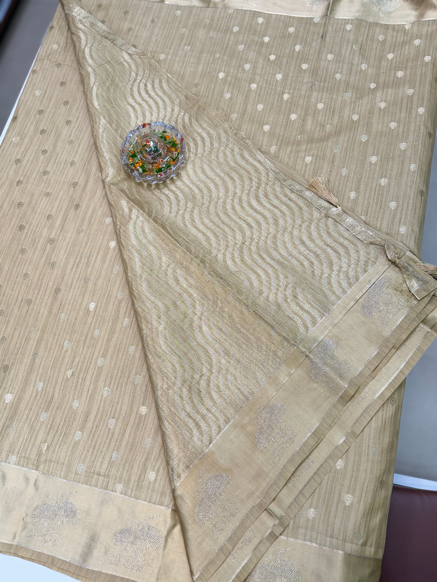 Tussar silk saree with satin border and zari woven motifs for women