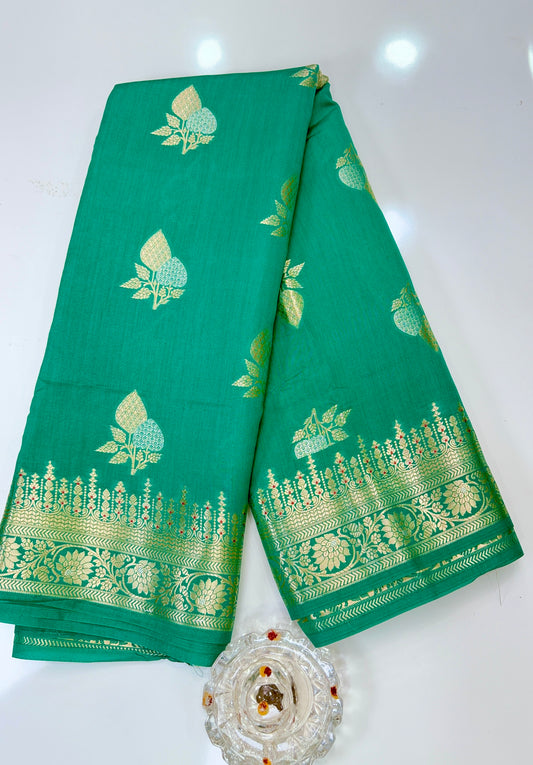 Handloom Pure Chhiniya Silk Saree in bottle green with Meenakari Zari Weaving and Buta Work